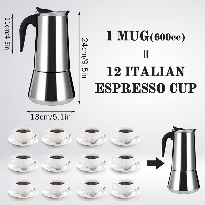 Stainless Steel Stovetop Moka Pot Espresso Maker Percolator 12 Cup 600ml Portable Italian Greca Cuban Coffee Maker for Big Family Home Office Camping, Work with Gas Electric Ceramic Stovetop