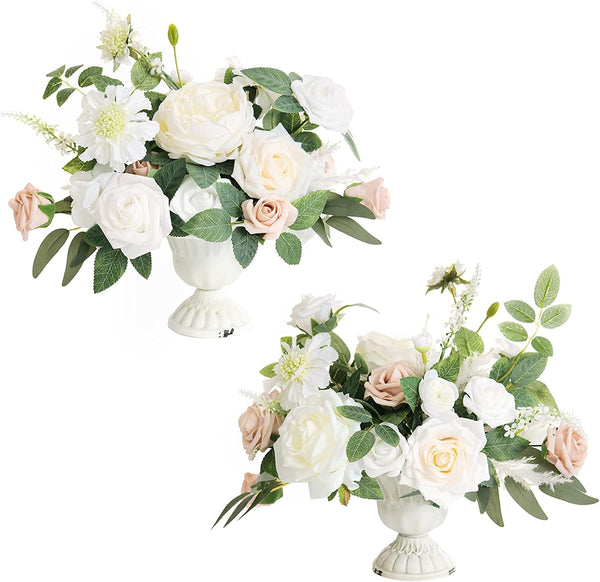 Wedding Centerpiece Flower Set with Vase - White  Sage Set of 2