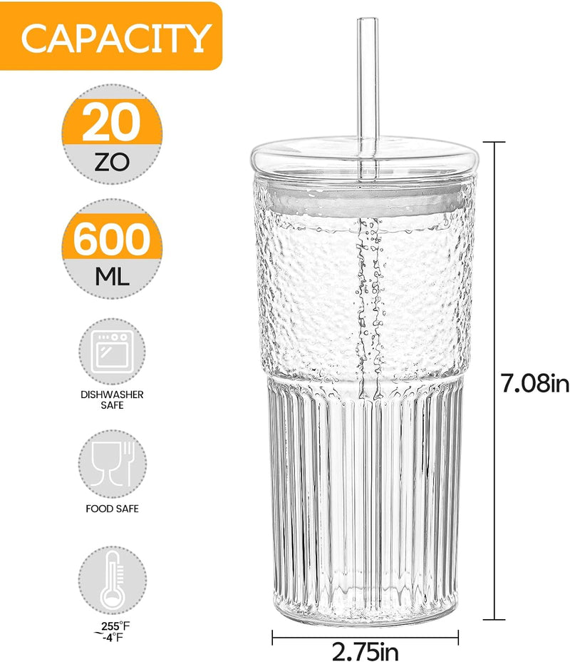 QWEZXO Glass Cups With Lids and Glass Straws，20 OZ High Borosilicate Glass Tumbler Iced Coffee Water Smoothie