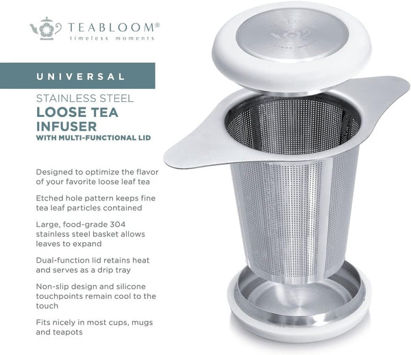 Teabloom Universal Loose Tea Filter with Multi-functional Lid – Fits Mugs, Cups, and Teapots – Food Grade 304 Stainless Steel Tea Infuser – Tea Connoisseur's Choice