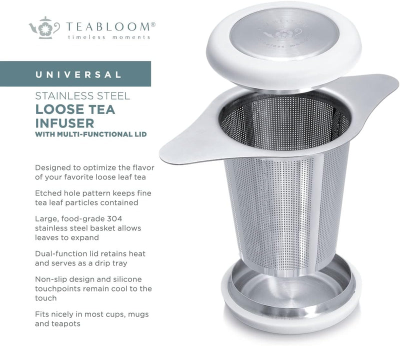 Teabloom Universal Loose Tea Filter with Multi-functional Lid – Fits Mugs, Cups, and Teapots – Food Grade 304 Stainless Steel Tea Infuser – Tea Connoisseur's Choice