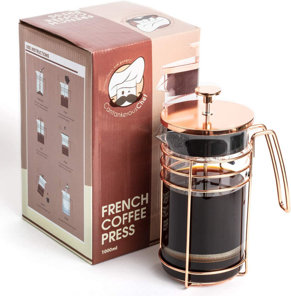 French Press and Tea Maker - 1000ml Coffee Maker Press - Premium Coffee Press with Rose Gold Finish - Thick Glass and Stainless Steel Coffee Brewer - French Press Coffee Maker for Tea, Latte, Expresso
