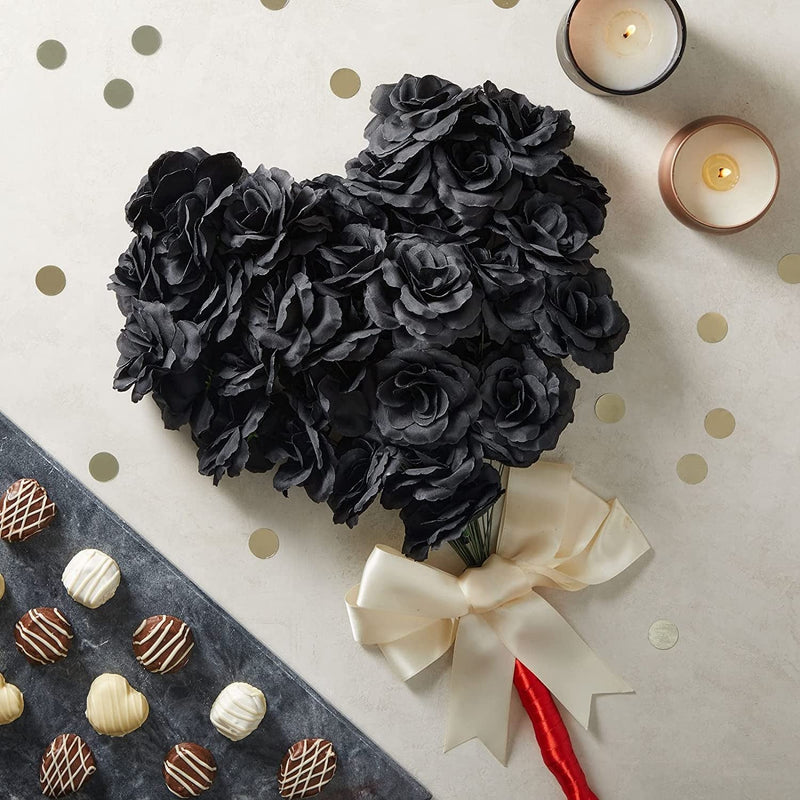 50 Pack Artificial Black Roses - 3 Inch Silk Flower Heads for Wedding Decorations Wall Art DIY Crafts