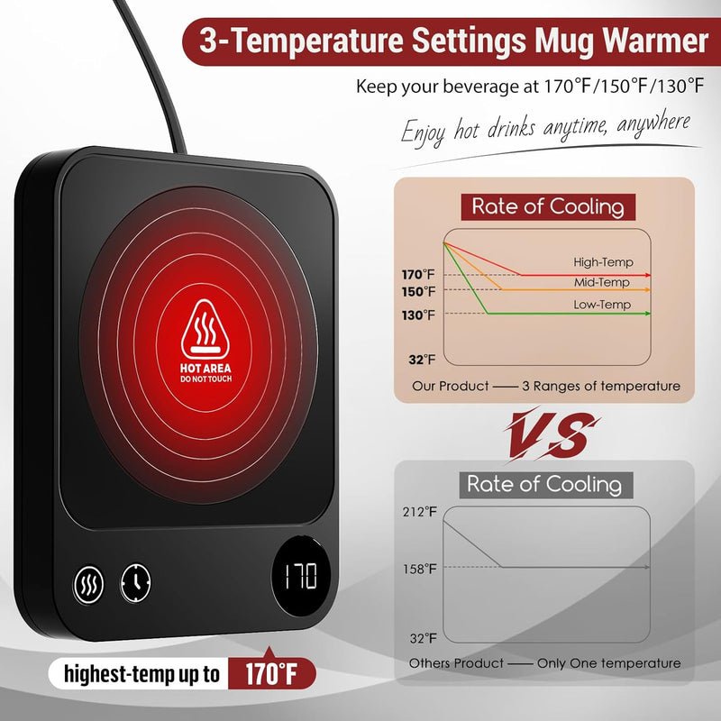 Mug Warmer, Coffee Warmer with 3 Temperature Settings, Auto Shut On/Off Coffee Mug Warmer, Coffee Cup Warmer with 2-12H Timer, Coffee Warmer for Desk/Home/Office, Cup Warmer for Milk/Coffee/Tea, Black