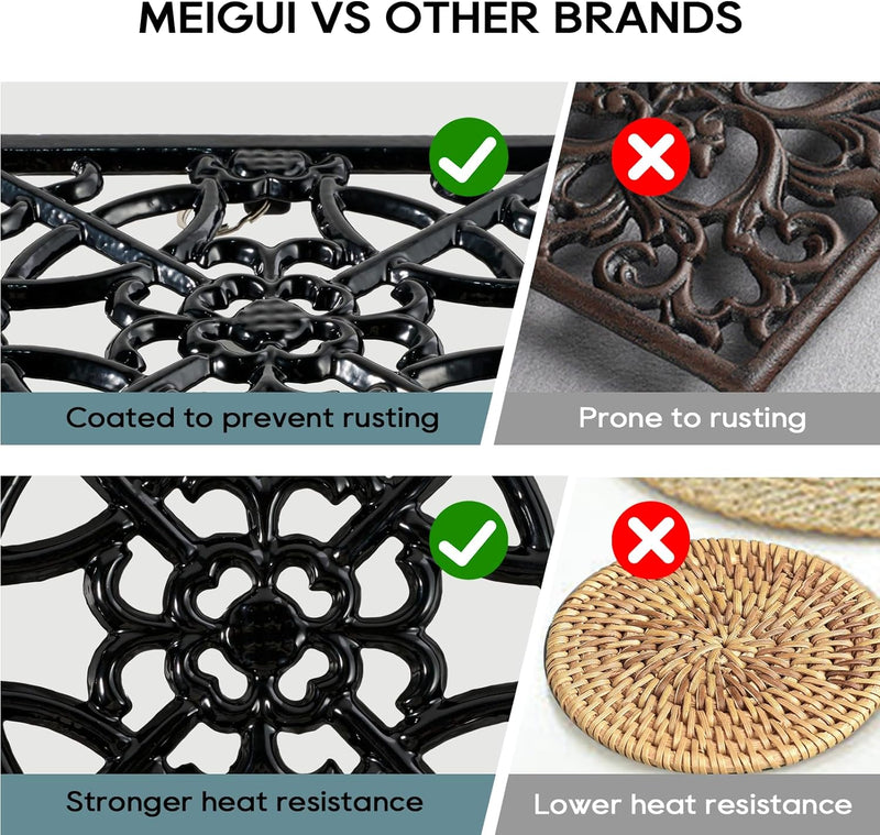 Square Cast Iron Trivet for Kitchen Countertop，Recycled Metal Heat Resistant Trivets with Rubber Pegs，Rustic Decorative Trivet for Hot Dishes Pot Pan Teapot for Kitchen Dining Table, Black