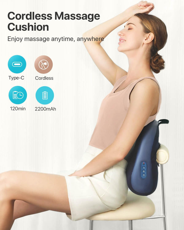 ALLJOY Cordless Shiatsu Back Massager with Heat - Deep Tissue Neck, Shoulder, and Waist Massage Pillow for Pain Relief - Portable and Rechargeable - Ideal Christmas Gift for Men and Women