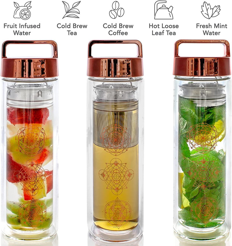 Teabloom All-Purpose Beverage Tumbler – 15 oz / 450 ml Insulated Glass Bottle – Tea, Coffee, Fruit Infused Water – All-Temperature Travel Mug – Stainless Steel Infuser Basket