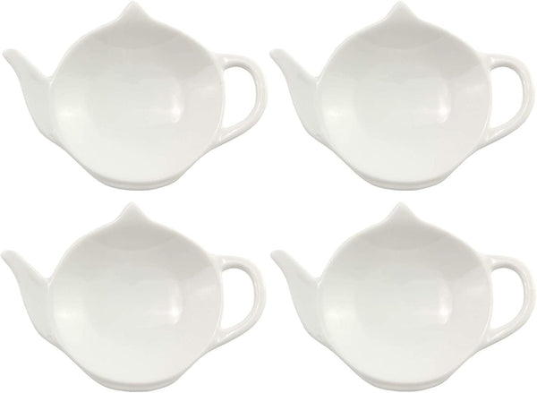 Cornucopia White Ceramic Tea Bag Coasters Spoon Rests; 4-Pack Classic Teabag Caddy Holder Saucer Set