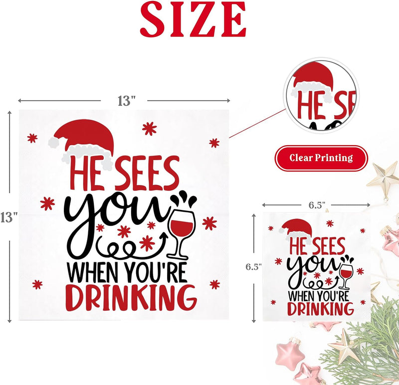 Funny Christmas Cocktail Napkins, 50 Pack Beverage Paper Napkins, He Sees You When You're Drinking Napkins, Novelty Christmas Party Supplies, Holiday Home Table Decorations, 3-Ply, 6.5x6.5 inch