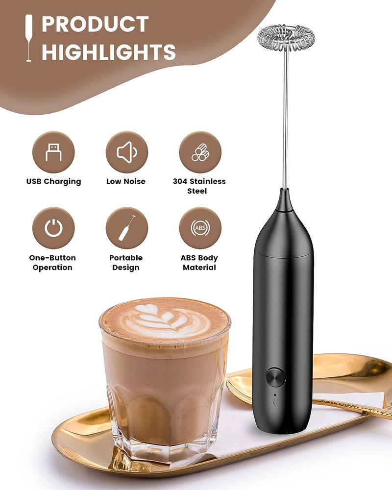 Homradise Milk Frother Rechargeable, Electric Milk Frother Handheld USB-C Powerful Coffee Frother Milk Foam Maker for Coffee Latte, Cappuccino, Mocha, Macchiato, Frappe and Protein Powder -Black