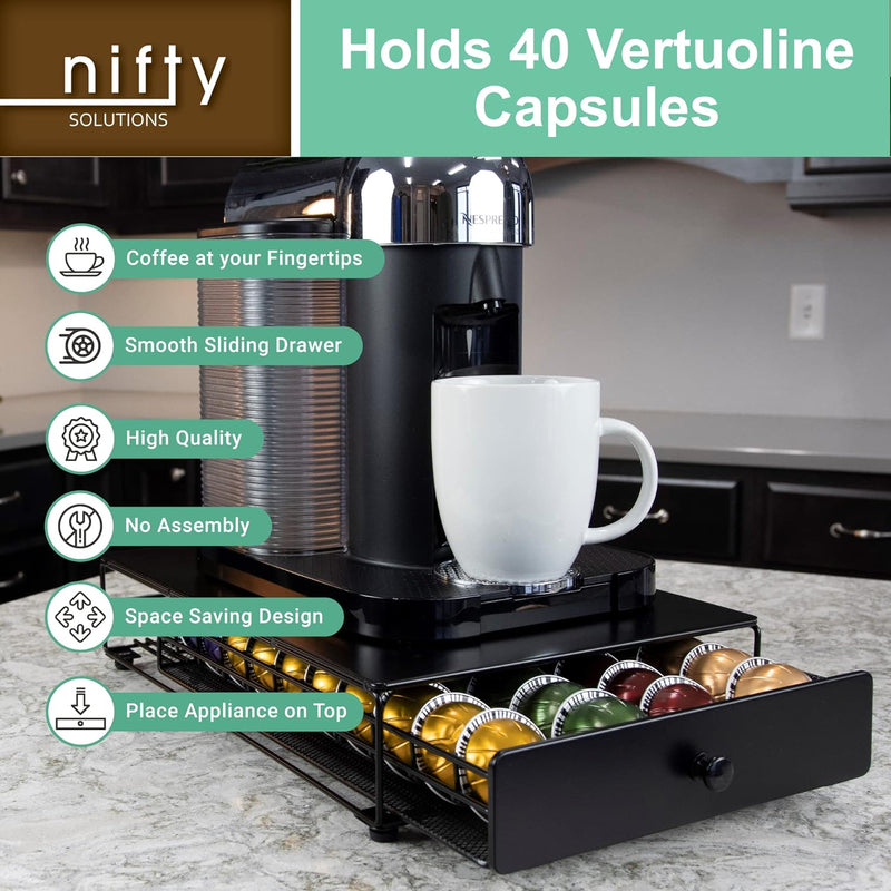 Nifty Vertuoline Rolling Coffee Pod Drawer – Satin Black Finish, 40 Pod Capsule Holder, Compact Under Coffee Pot Storage, Office or Home Kitchen Counter Organizer