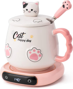 Bgbg Coffee Mug Warmer & Cute Cat Mug Set, Beverage Cup Warmer for Desk Home Office with Three Temperature Up to 140℉/ 60℃, Coffee Warmer for Cocoa Milk Tea Water Candle, 8 Hours Auto Shut Off