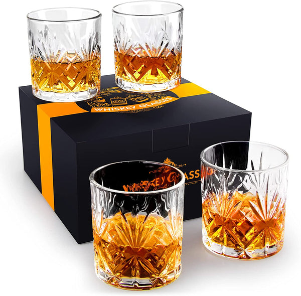 Rosoenvi Whiskey Glass Set of 4, Old Fashioned Glasses with Gift Box, 10oz Rocks Glasses Barware for Whiskey, Bourbon, Scotch and Liquor Drinks, Gift for Men