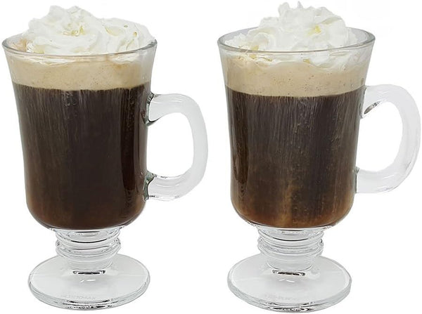 Irish Coffee Glass Coffee Mugs Footed Regal Shape 8 oz. Set of 2 Thick Wall Glass Cappuccinos, Mulled Ciders, Hot Chocolates, Ice cream and More!