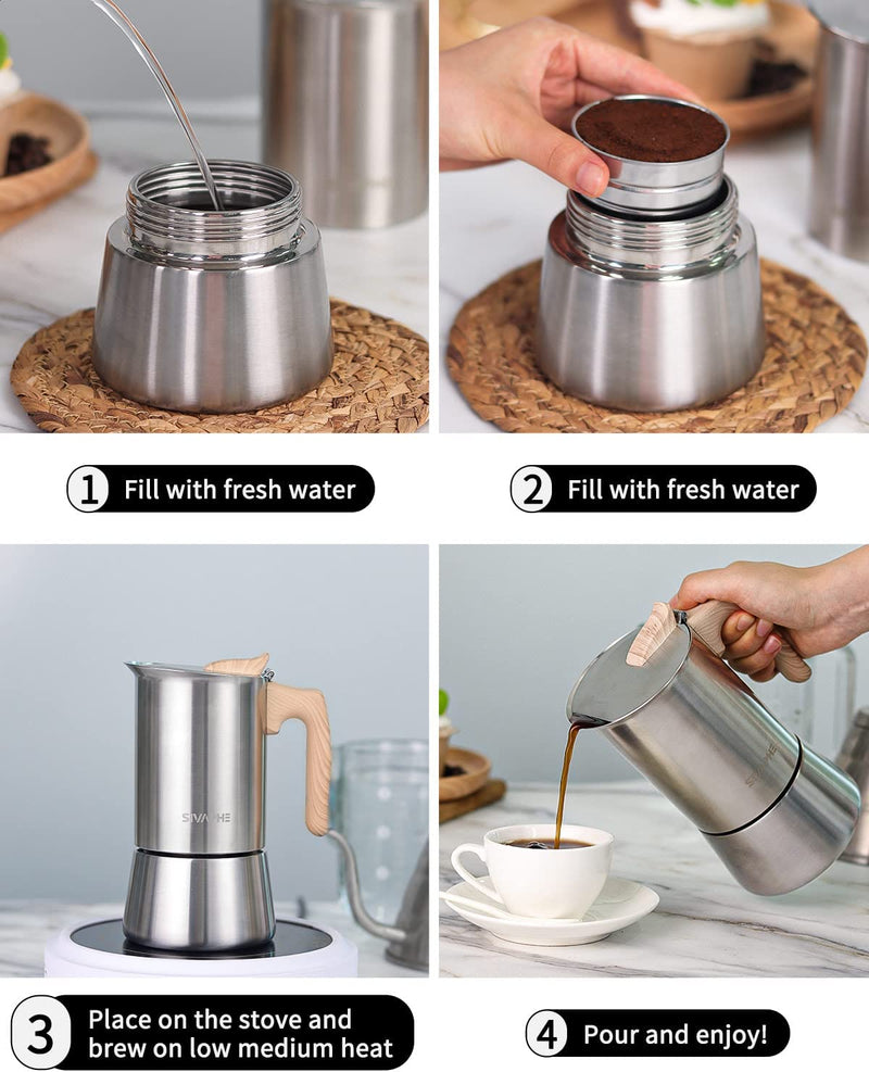 Sivaphe Stovetop Espresso Maker Stainless Steel 9 Cups, Induction-Capable Mocha Pot 450ml, Coffee Percolator with Step-by-step Instructions (1 Cup=50ml)