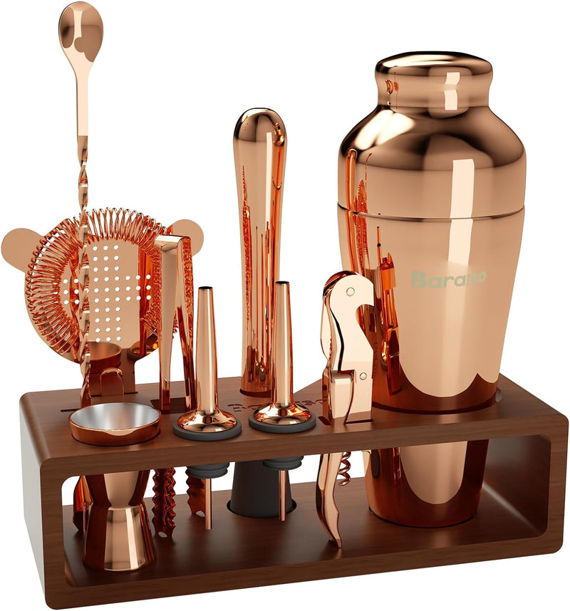 Baraiso Cocktail Shaker Set, Bartender Kit with Strainer, Bar Tool Set with Mahogany Stand, Bar Accessories for The Home Bar Set - Black