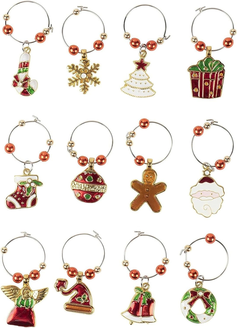 Juvale 12 Piece Christmas Wine Glass Charms, Holiday Drink Markers (2 Inches)