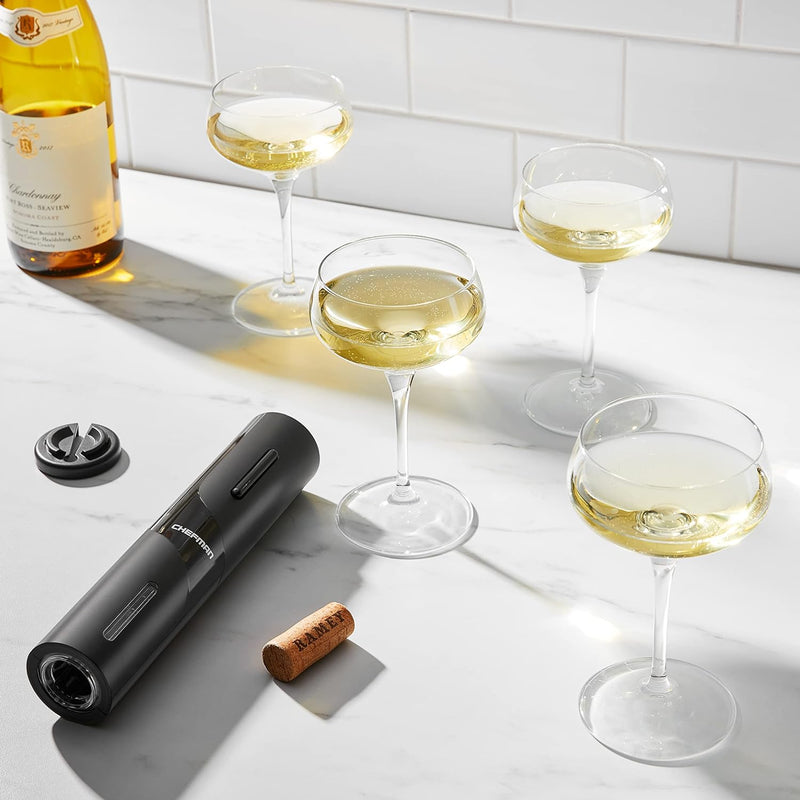 Chefman Electric Wine Opener Makes Opening Bottles Fast, Foolproof, And Fun! Black, Battery-Operated 4-Piece Corkscrew Set Comes With A Foil Cutter, Pourer, And Vacuum Stopper