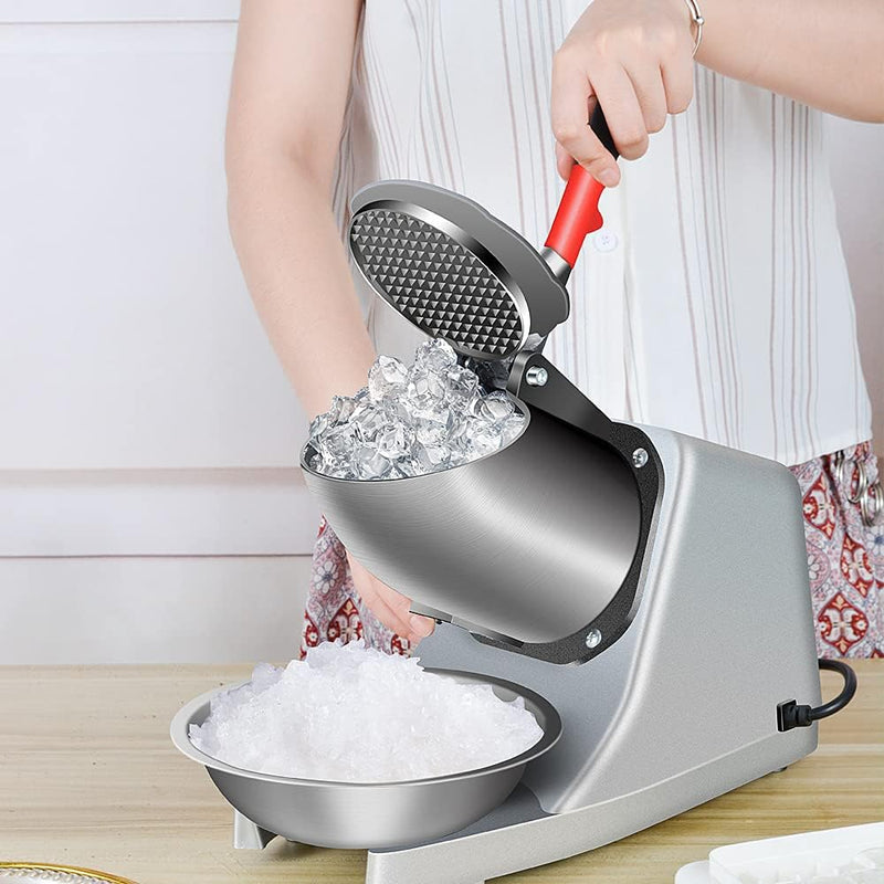 OKF Ice Shaver Prevent Splash Electric Three Blades Snow Cone Maker 380W Stainless Steel Shaved Ice Machine 286lbs/hr Home and Commercial Ice Crushers with Ice Pick (Silver)