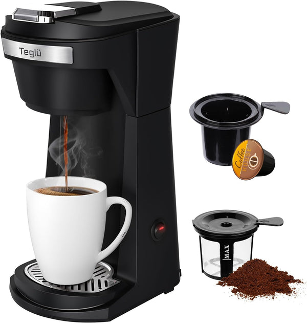 Teglu Single Serve Coffee Maker for K Cup Pod & Ground Coffee 2 in 1, K Cup Coffee Machine 14 Oz Brew Size, Mini One Cup Coffee Pot Fast Brewing 800W, Reusable Filter, CM208, Black