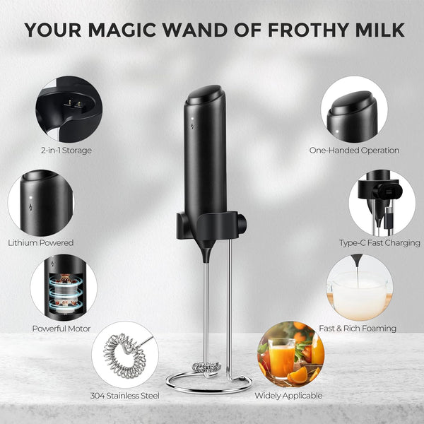 FLENDY Rechargeable Milk Frother Handheld, Coffee Frother Handheld Rechargeable with USB C Integrated Charging Stand, Electric Drink Mixer Handheld, Mini Electric Whisk for Coffee, Matcha, etc