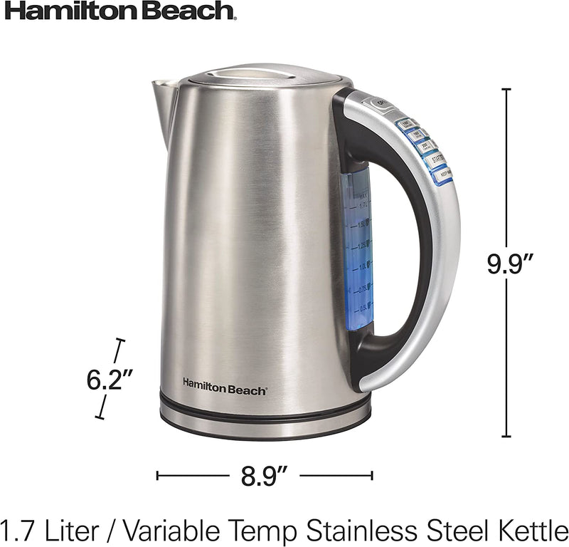 Hamilton Beach Temperature Control Electric Tea Kettle, Water Boiler & Heater, 1.7 Liter, Fast Boiling 1500 Watts, BPA Free, Cordless, Auto-Shutoff and Boil-Dry Protection, Stainless Steel (41020R)