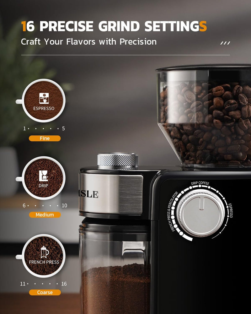 KIDISLE Electric Burr Coffee Grinder 3.0, Automatic Flat Burr Coffee for French Press, Drip Coffee and Espresso, Adjustable Burr Mill with 16 settings, 14 Cup, Black