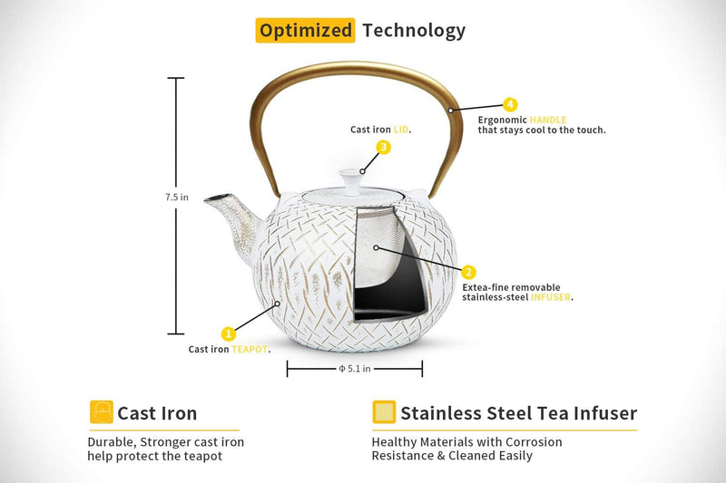 Tea Kettle, Toptier Japanese Cast Iron Tea Kettle for Stove Top, Stovetop Safe Teapot with Infusers for Loose Tea, 34 Ounce (1000 ml), White Melody