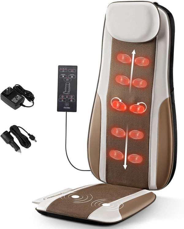 Shiatsu Back Massager with Heat, Massage Chair Pad Seat Cushion for Stress Relief, Deep Tissue Kneading & Roller, 2 Vibration Motors, Back Waist Hip Massager, PU Leather, Fit 5'1-6'2, with 2 Adapters