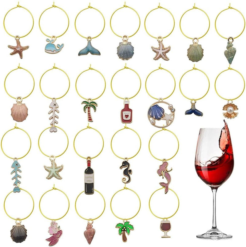 WOCRAFT 50 Sets Craft Supplies Wine Glass Charms Markers Wine Tasting Party Decoration Supplies Gift with 25mm Strong Stainless Steel Wine Glass Charm Rings (M307+10575)