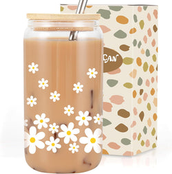 LEADO Daisy Aesthetic Cup, Floral Iced Coffee Cup, Glass Cups with Lids & Straws, Flower Mug, Glass Coffee Tumbler - Cute Daisy Gifts, Christmas, Birthday Gifts for Women, Coffee Lover Gifts