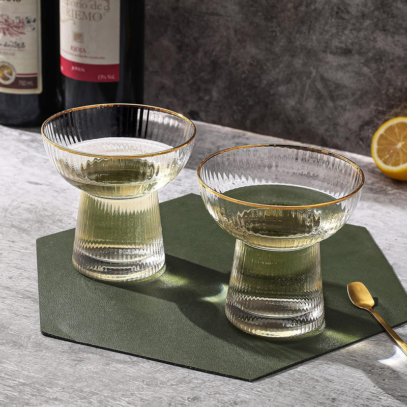 Lysenn Stemless Margarita Glasses Set of 2 - Elegant Vertical Stripes Cocktail Glasses – Premium Hand Blown Glassware for Martini and Mixed Drinks – 10 oz Gold Rim