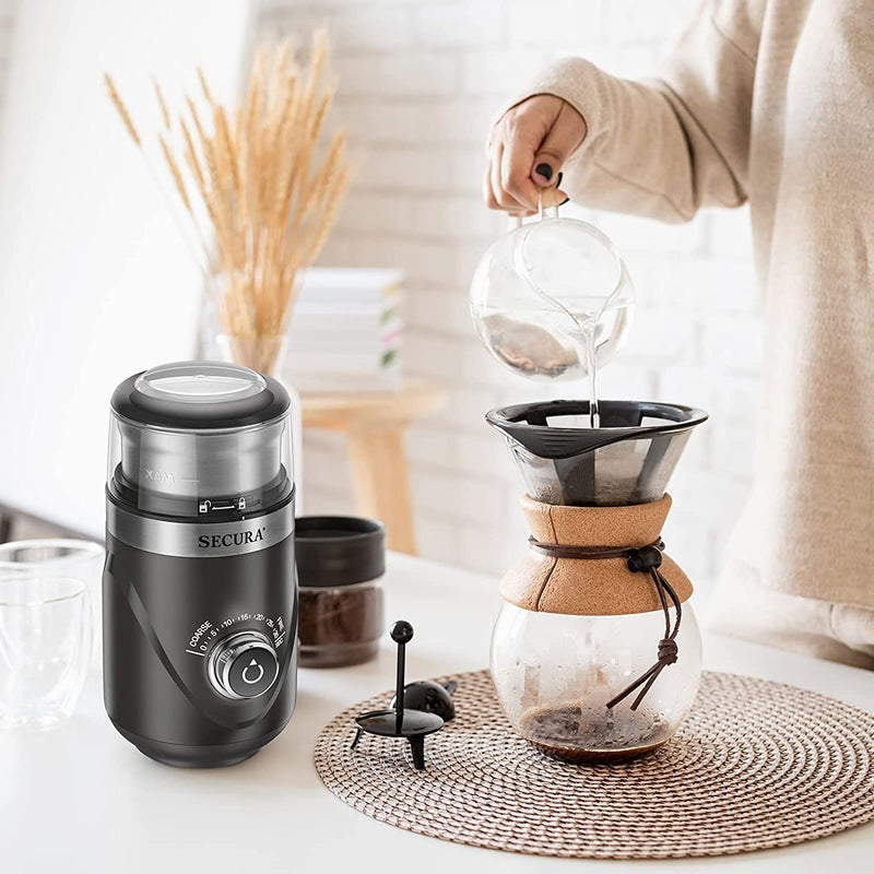 Secura Adjustable Coffee Grinder Electric, Spice Grinder Electric, Coffee Bean Grinder, Multipurpose Grinder for Spices, Herbs, Nuts, Grains with 1 Stainless Steel Blades Removable Bowl, Grey