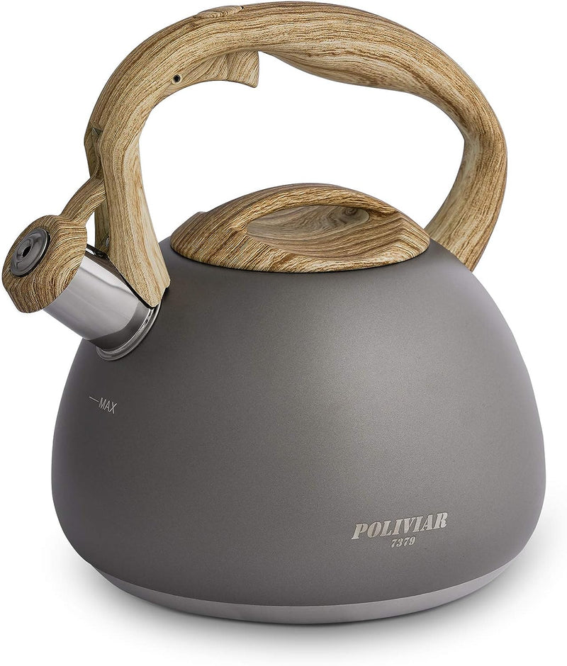 POLIVIAR Tea Kettle, 2.7 Quart Natural Stone Finish with Wood Pattern Handle Loud Whistle Food Grade Stainless Steel Teapot, Anti-Hot Handle and Anti-Rust, Suitable for All Heat Sources (JX2018-GR20)