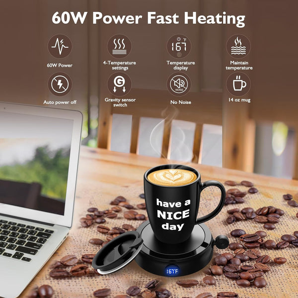 Coffee Mug Warmer with Mug Set, 60W Coffee Cup Warmer for Desk Home Office Use with 4-Temperature Settings, Auto On/Off Gravity-Induction, 14Oz Mug, Great Coffee Gift on Christmas/Birthday