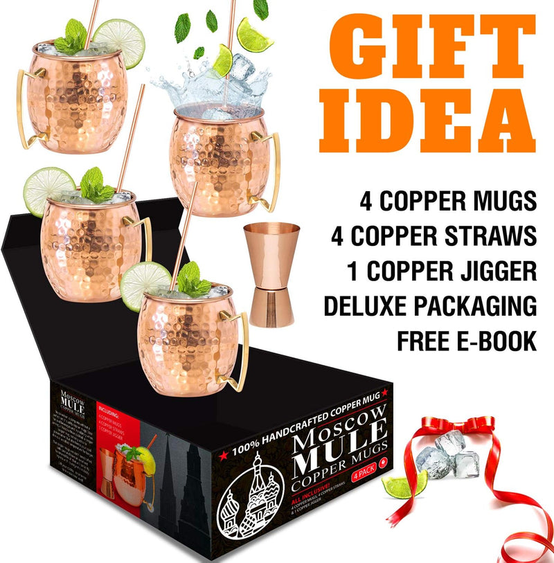 Benicci Moscow Mule Copper Mugs - Set of 4-100% HANDCRAFTED - Food Safe Pure Solid Copper Mugs - 16 oz Christmas Gift Set with Premium Quality Cocktail Copper Straws and Jigger!