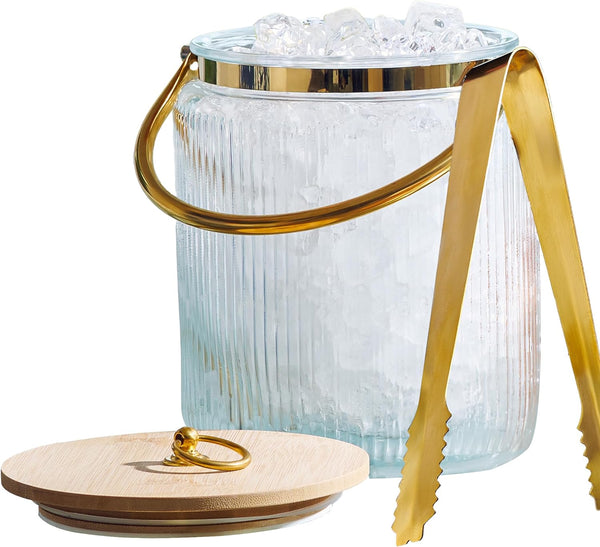Glass Ice Bucket with Airtight Lid, Ice Tong Scooper and Handle - 3L Ribbed Beverage Tub Cocktail Home Bar Accessories, Wine, Beer - Chiller for Parties, Champagne Drink Tub Cooler with Hinged Handles