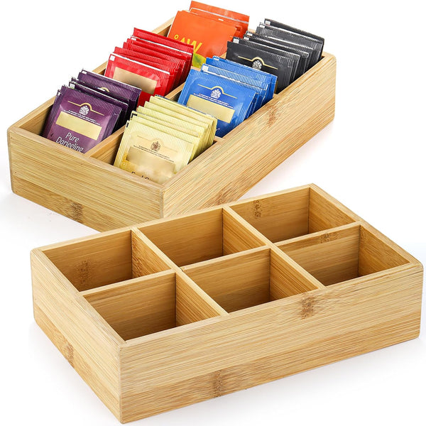 Dicunoy 2 Pack Bamboo Tea Bag Organizer, Wood Hot Tea Bag Drawer Storage Organizer Holder with 6 Compartments, Tea Chest Box for Coffee Station, Sugar Packet, Sweeteners, Small Packets