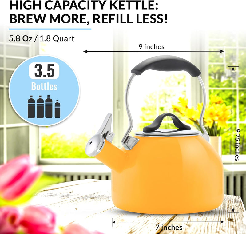 Chantal 1.8 QT Kettle, Oolong Series, Premium Enamel on Carbon Steel, Whistling, Even Heating & Quick Boil (Marigold)