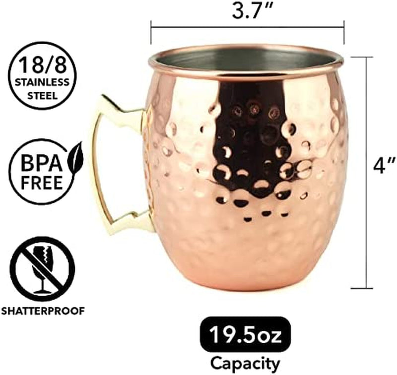 PG Copper/Rose Gold Plated Stainless Steel Moscow Mule Mug - Bar Gift Set 4 - Factory Direct (19 oz) - Authentic Traditional Design - Smooth Finish Original Brass Handle!