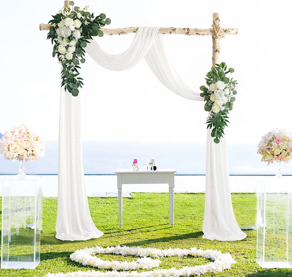 Wedding Arch Kit - 3 Pack with White Draping Fabric and Flowers - Ivory White