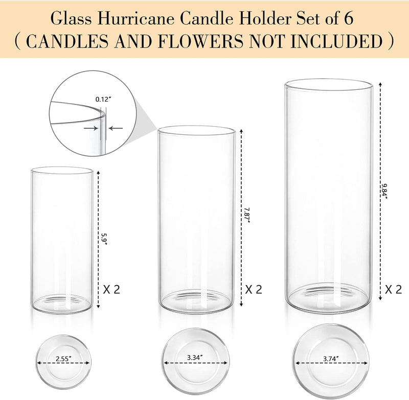 Glass Hurricane Candle Holder Set of 6 Glass Cylinder Vases for Centerpieces, Glass Candle Holders for Pillar Candles, Floating Candles, Clear Glass Vases for Flowers for Wedding Party Festival Decor