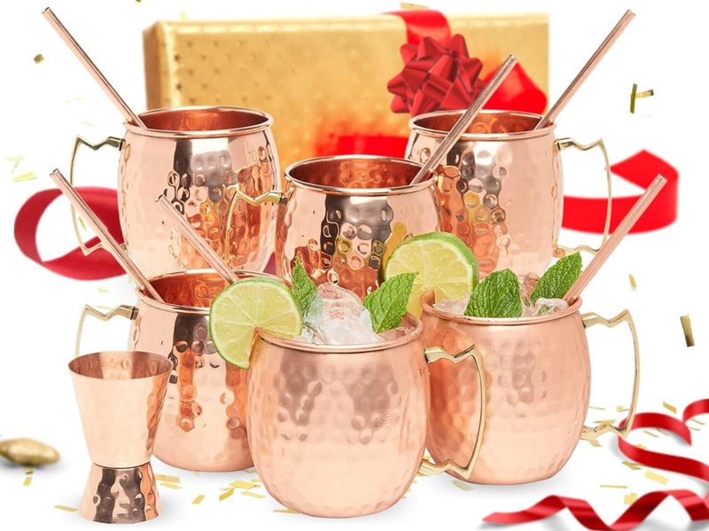 Kitchen Science [Gift Set] Moscow Mule Copper Mugs Set of 6 (16oz) w/Straws & Jigger | 100% Pure Copper Cups, Tarnish-Resistant Food Grade Lacquered Finish, Ergonomic Handle (No Rivet) w/Solid Grip