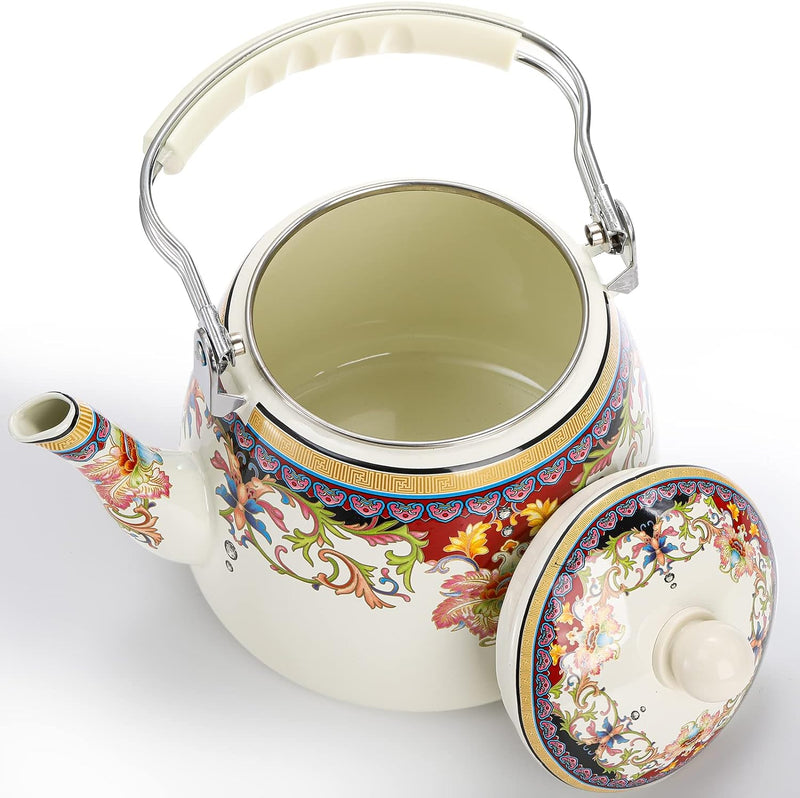 Yarlung 3.3L Enamel Tea Kettle with Tea Infuser, Vintage Floral Teakettle for Stovetop, Colorful Enamel on Steel Teapot with Handle for Hot Water, No Whistling