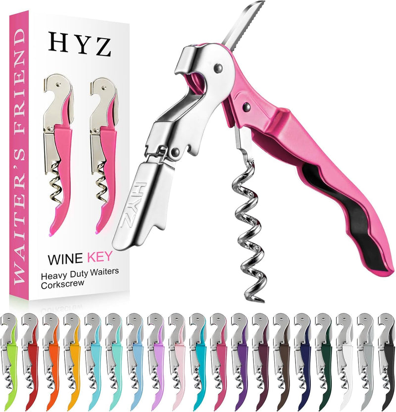 HYZ 2-Pack Wine Opener Waiter Corkscrew, Professional Wine Key for Servers, Bartender with Foil Cutter, Manual Wine Bottle Opener Double Hinged (Pink)