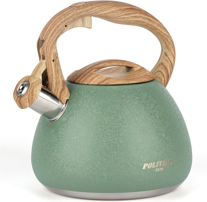 POLIVIAR Tea Kettle, 2.7 Quart Natural Stone Finish with Wood Pattern Handle Loud Whistle Food Grade Stainless Steel Teapot, Anti-Hot Handle and Anti-Rust, Suitable for All Heat Sources (JX2018-GR20)