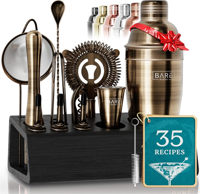 Pro Mixology Bartender Set Bar Kit | 14-Piece Boston Cocktail Shaker Set | Professional Barware Mixing Tools for Home Bartending | Bamboo Stand Recipe Cards | Gift Set for Him & Her (Silver Black)