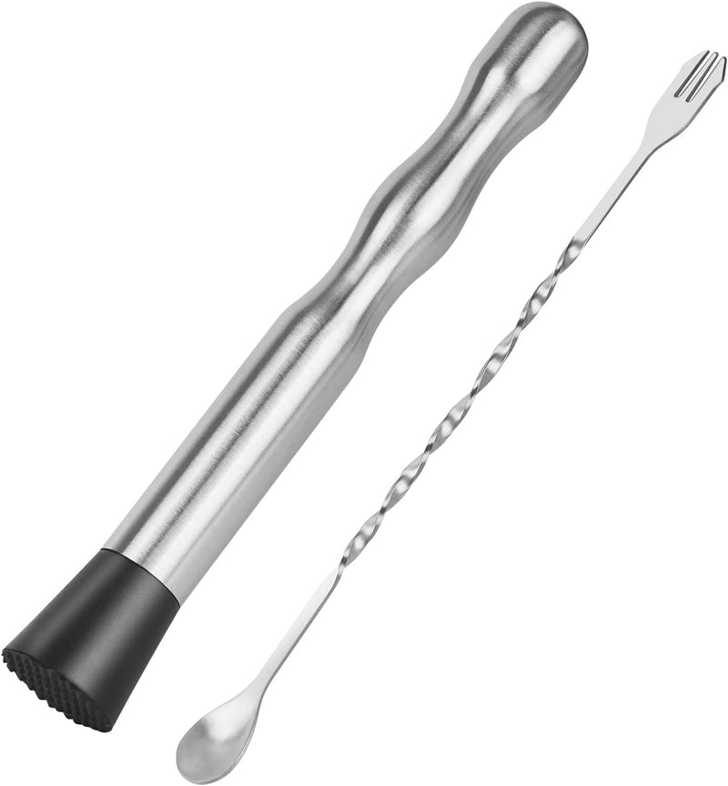 Muddler for Cocktails Bar Spoon - Vaincre 2PCS 9" Muddler and 10” Bar Spoon Cocktail Mixing Spoon, Stainless Steel Cocktail Muddler Long Drink Stirrer Bartender Spoon Cocktail Gifts for Mojitos Drinks