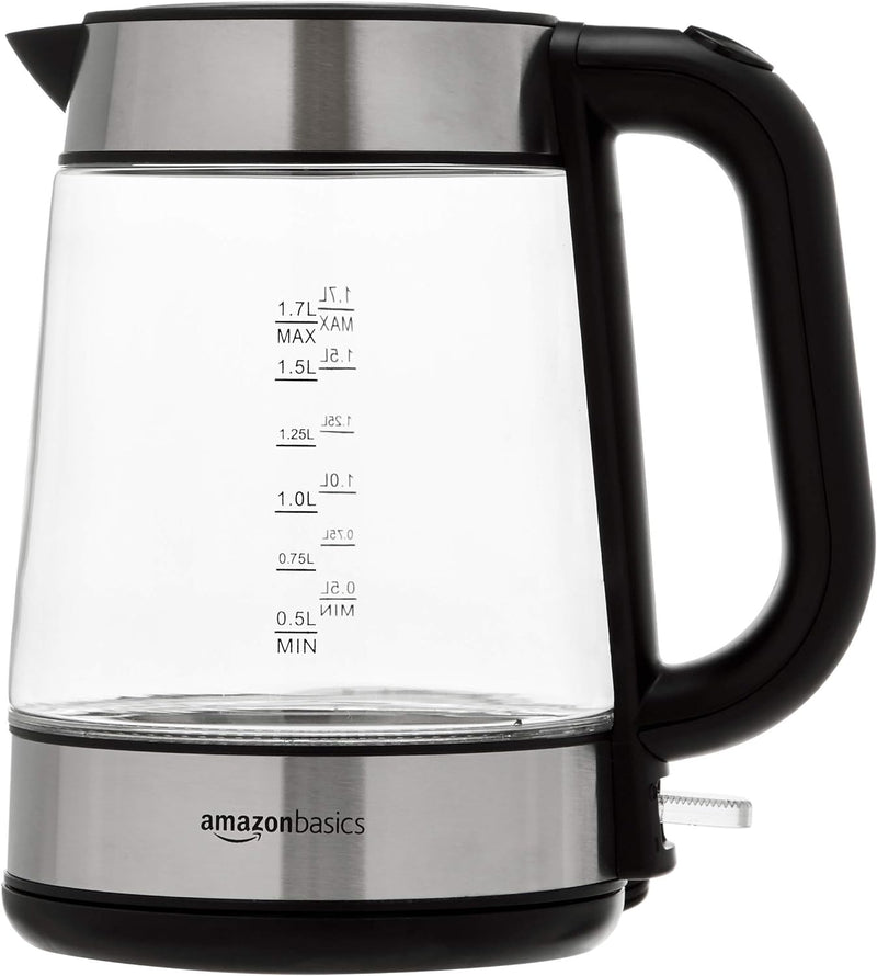 Amazon Basics Electric Glass and Steel Hot Tea Water Kettle, 1.7-Liter, Black and Sliver