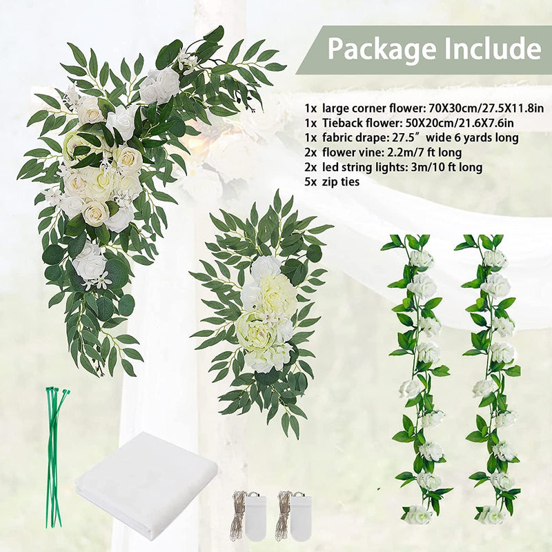 Artificial Wedding Arch Flowers Kit with Chiffon Fabric Swag and LED Lights - Wedding Decorations for Ceremony and Reception Backdrops